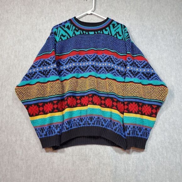 Eleven Paris Other - Eleven Paris Sweater Mens XL Black Geo Print Pan Wool Coogi Style Pullover Vtg